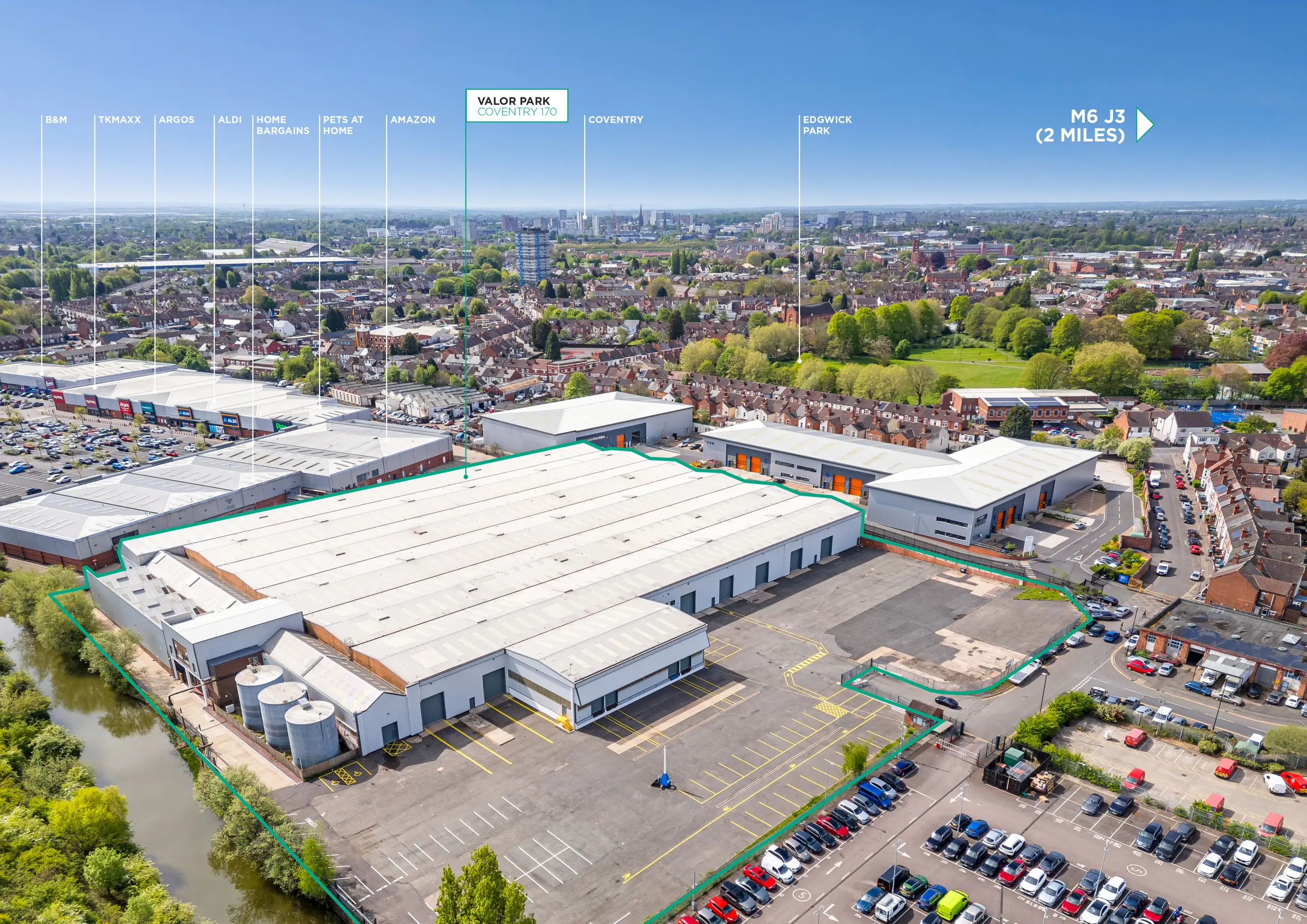 Annotated aerial of Valor Park Coventry 170 showing the site boundary, nearby retailers, Coventry city centre and M6 J3