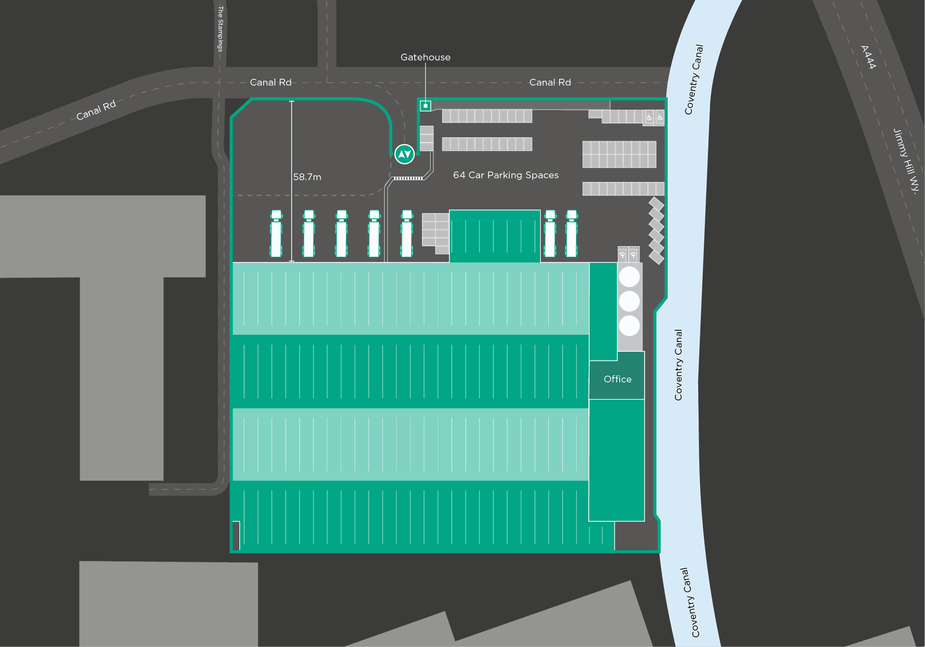 Site plan of Valor Park Coventry 170 showing the 58.7m yard, loading doors, 64 car parking spaces and gatehouse